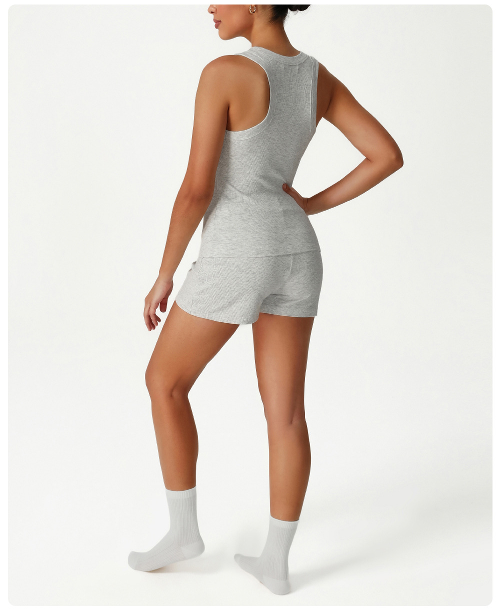 Conjunto de camiseta sin mangas y pantalones cortos con escote en U profundo, conjunto de yoga personalizado para entrenamiento FGBSM2541