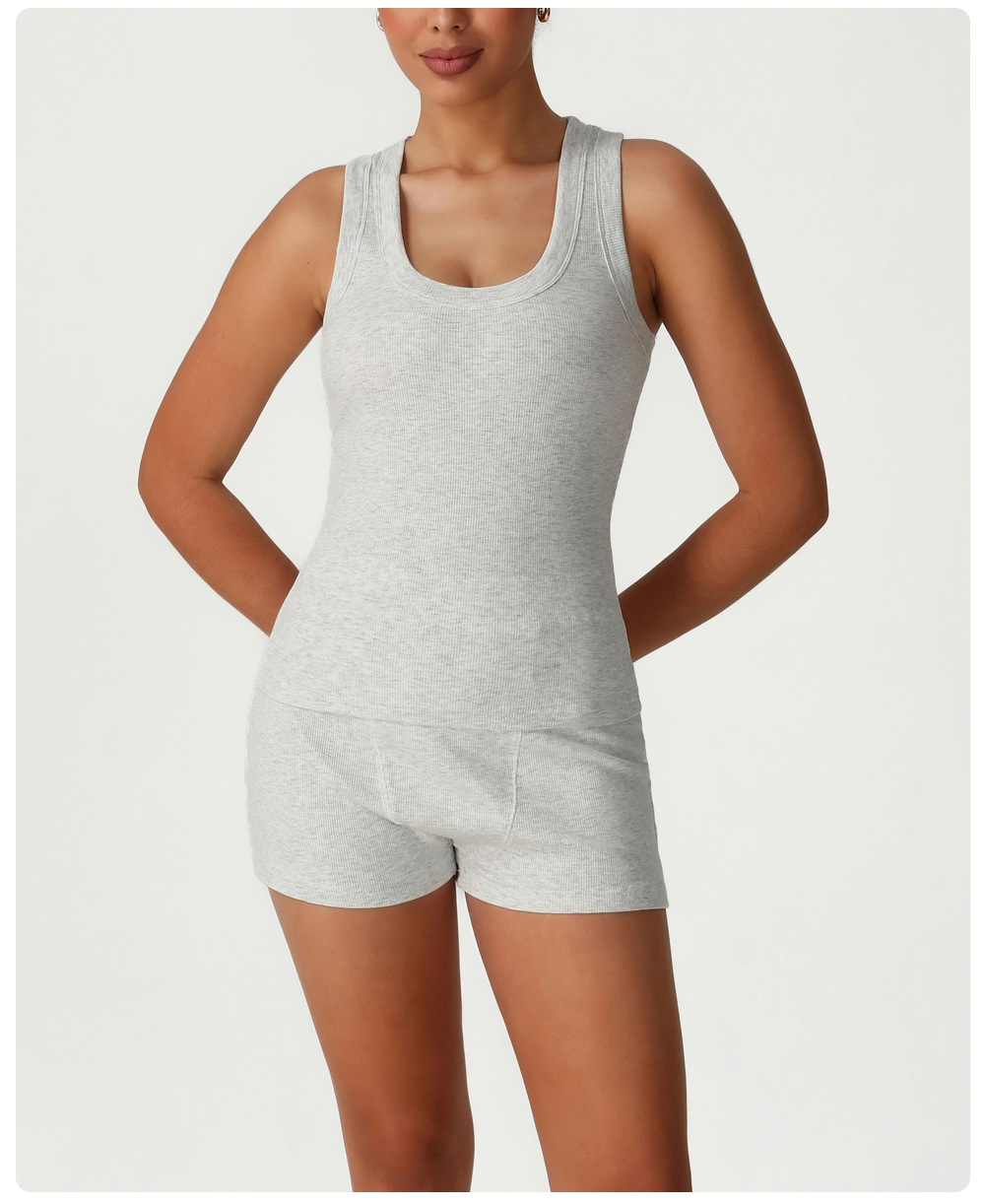 Conjunto de camiseta sin mangas y pantalones cortos con escote en U profundo, conjunto de yoga personalizado para entrenamiento FGBSM2541