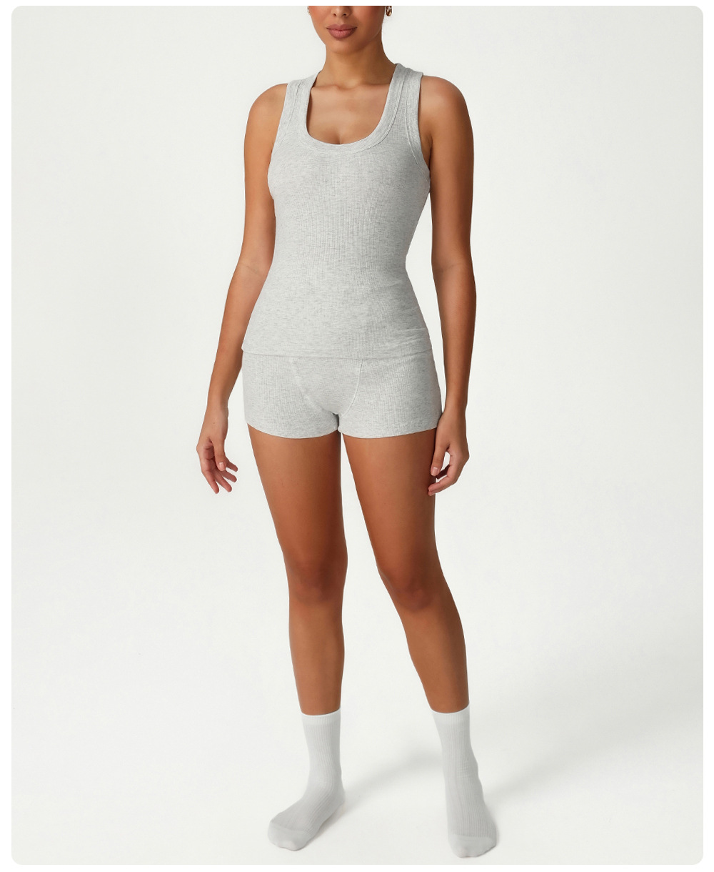 Conjunto de camiseta sin mangas y pantalones cortos con escote en U profundo, conjunto de yoga personalizado para entrenamiento FGBSM2541