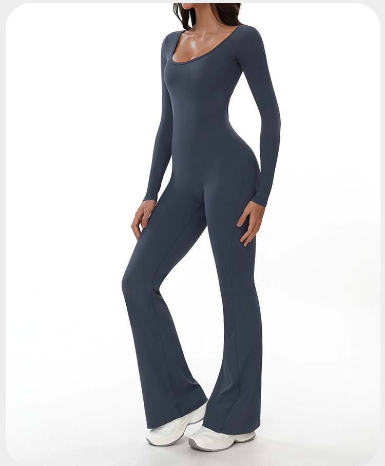 Mono deportivo de manga larga con leggings acampanados y espalda descubierta para mujer FGBELT3104