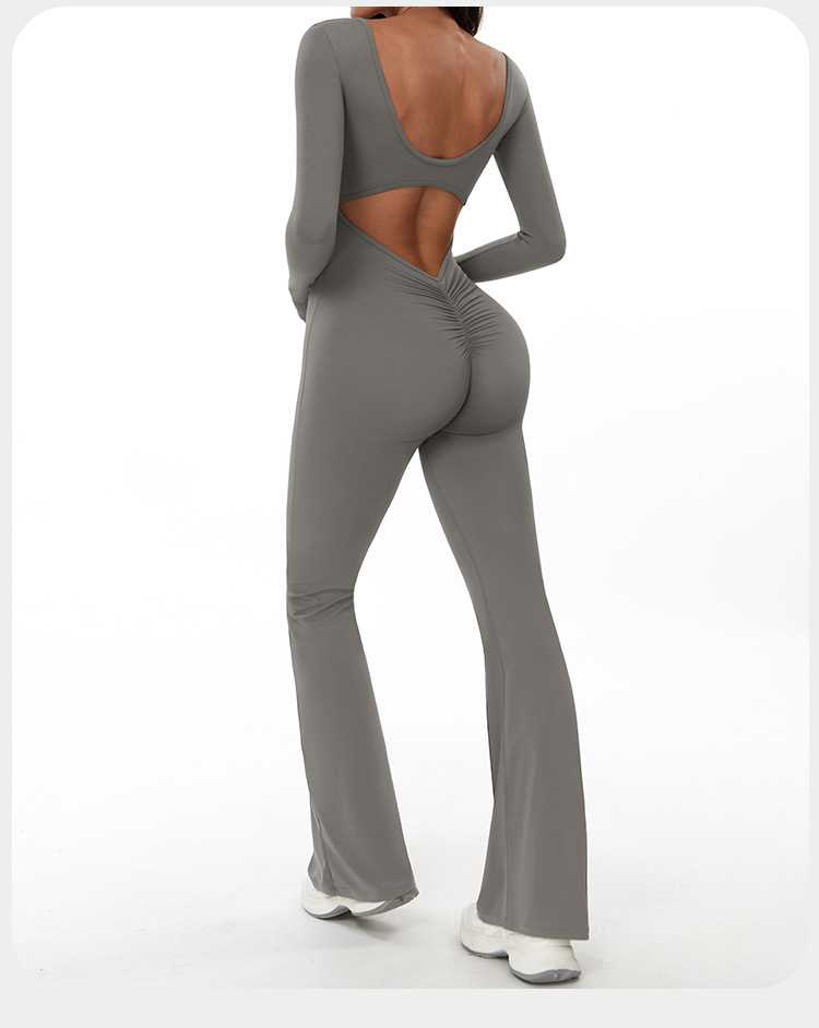 Mono deportivo de manga larga con leggings acampanados y espalda descubierta para mujer FGBELT3104