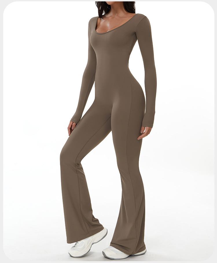 Mono deportivo de manga larga con leggings acampanados y espalda descubierta para mujer FGBELT3104