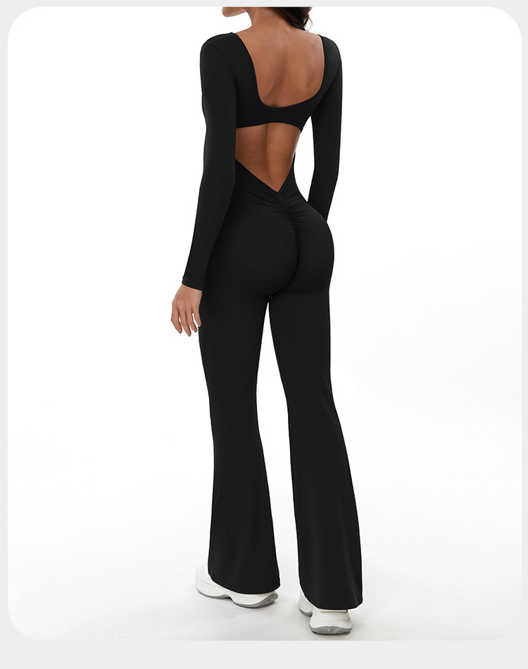 Mono deportivo de manga larga con leggings acampanados y espalda descubierta para mujer FGBELT3104