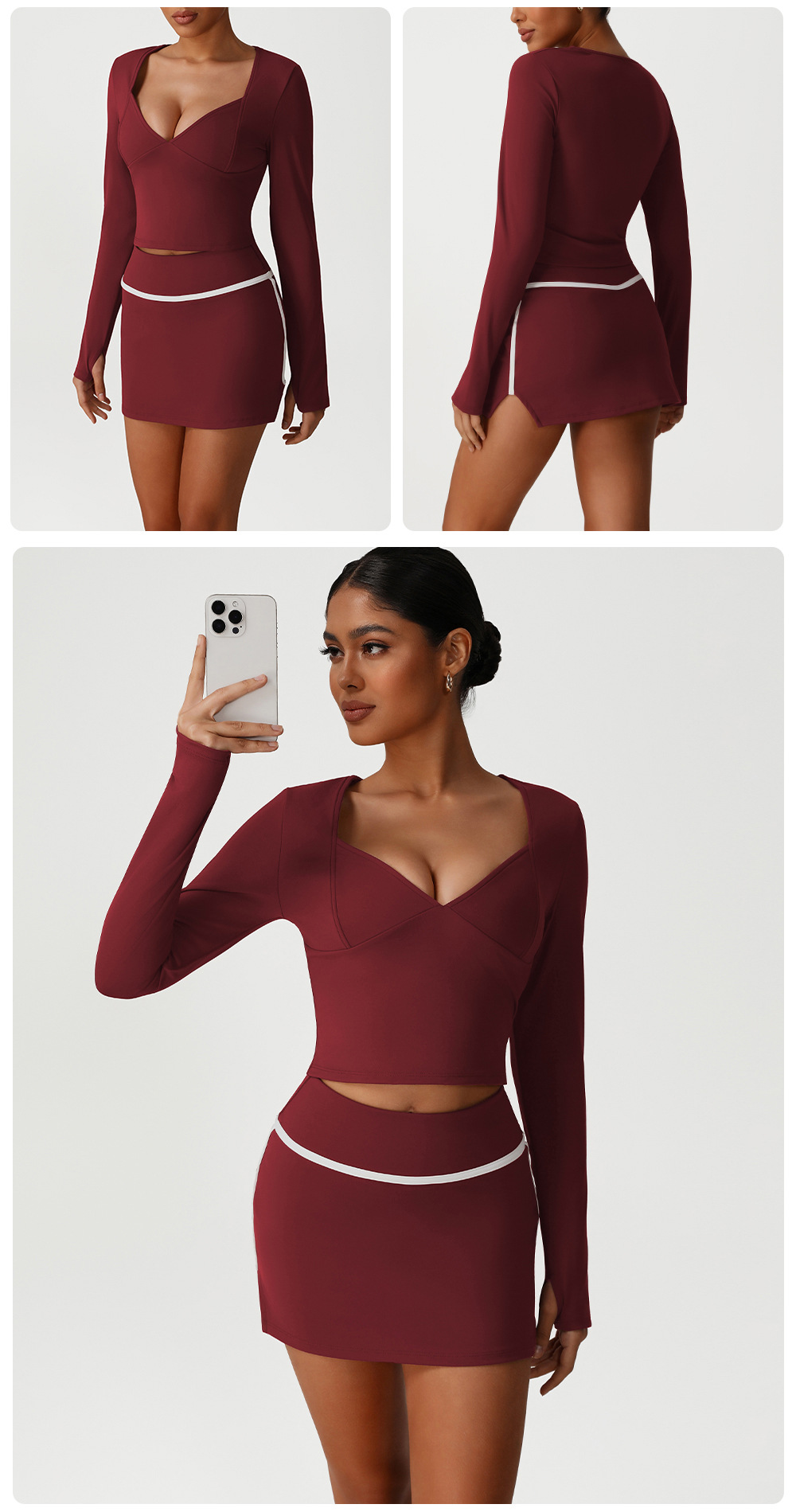 Conjunto de 3 piezas de sujetador de yoga y falda de manga larga 2 en 1 para mujer, falda de tenis y golf, FGBSM2531 SM2393