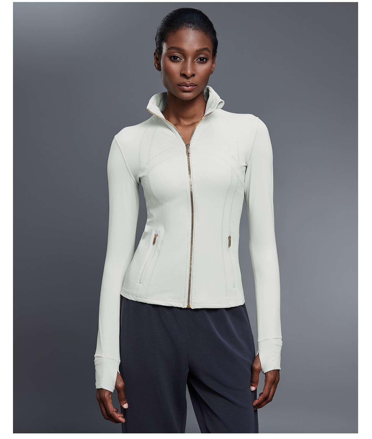 Chaqueta de mujer con cremallera y logotipo personalizado, abertura para el pulgar, suave y elástica, manga larga, FGBDAW182-2