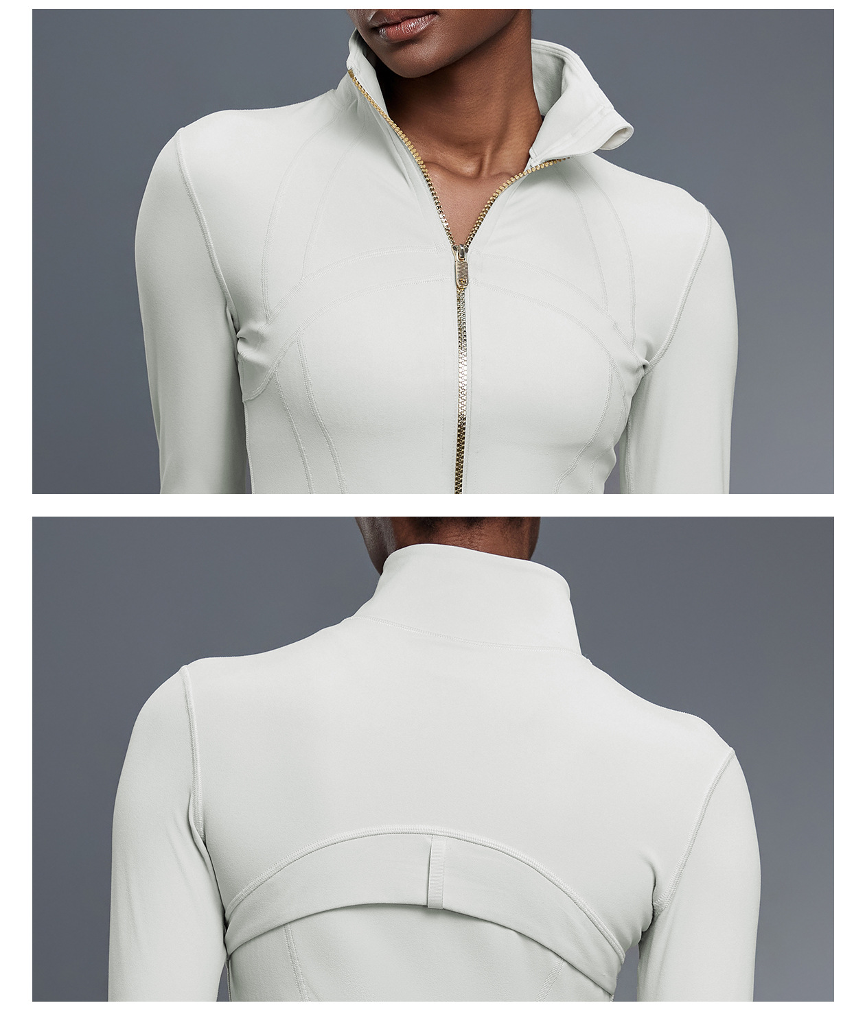 Chaqueta de mujer con cremallera y logotipo personalizado, abertura para el pulgar, suave y elástica, manga larga, FGBDAW182-2