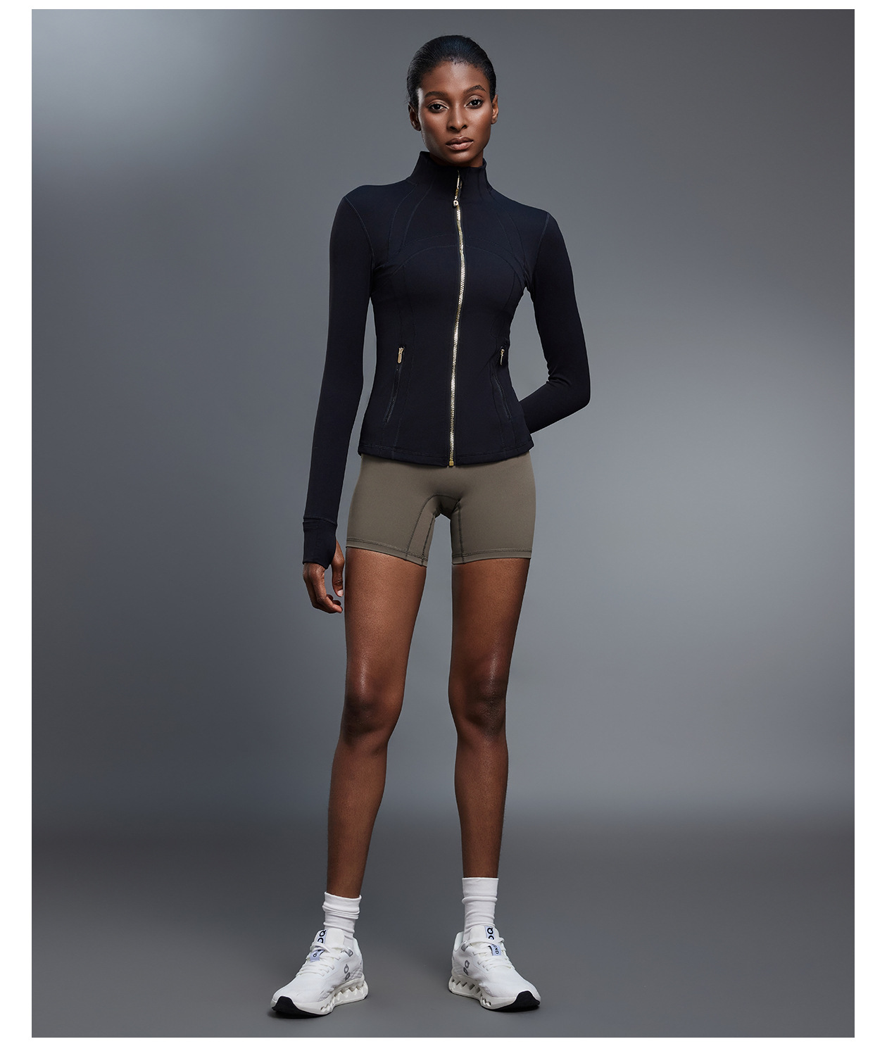 Chaqueta de mujer con cremallera y logotipo personalizado, abertura para el pulgar, suave y elástica, manga larga, FGBDAW182-2