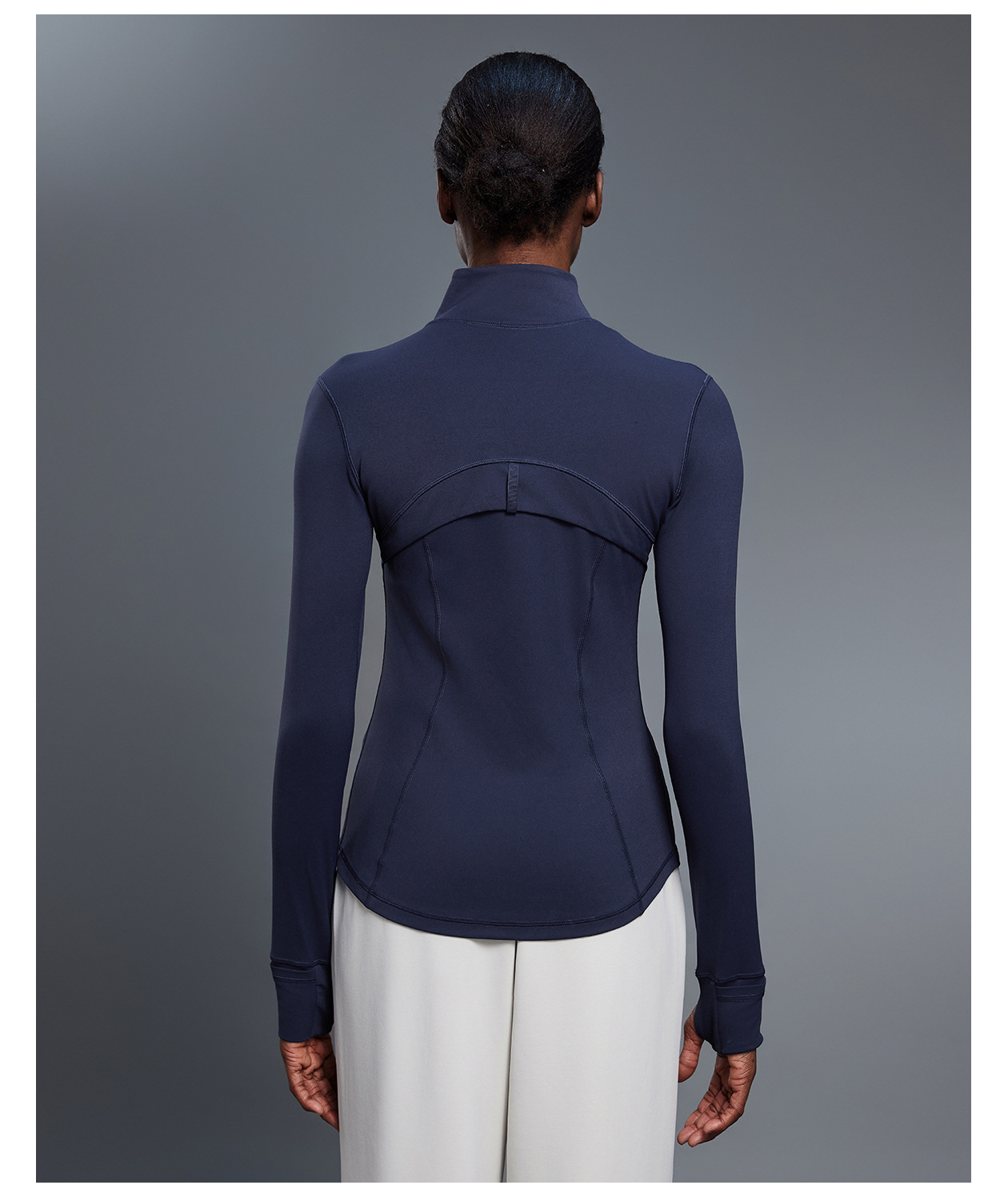 Chaqueta de mujer con cremallera y logotipo personalizado, abertura para el pulgar, suave y elástica, manga larga, FGBDAW182-2