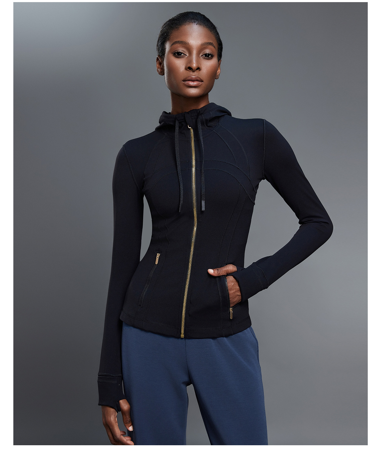 Chaqueta de mujer con cremallera y logotipo personalizado, abertura para el pulgar, suave y elastica, manga larga, FGBDAW182-2