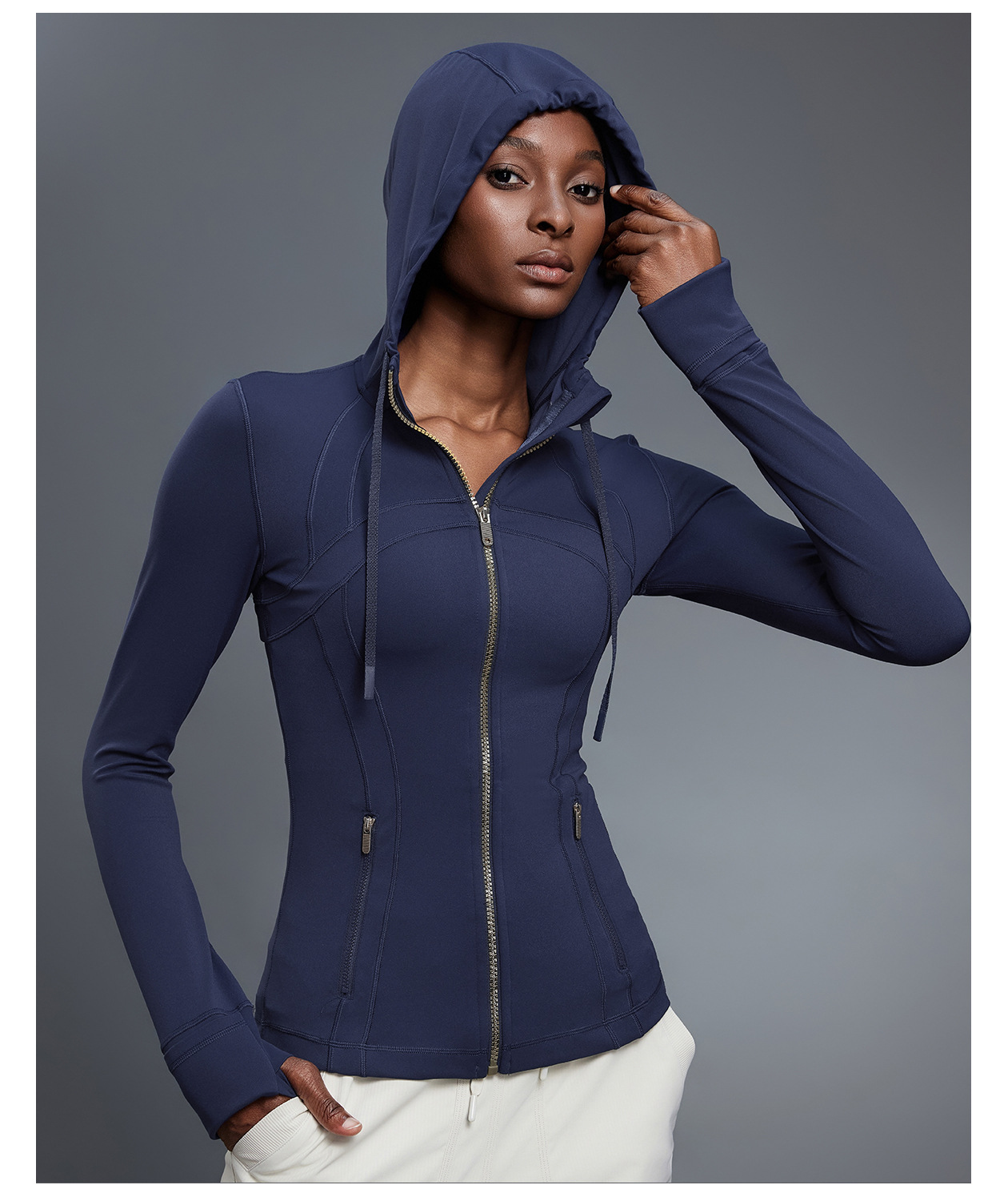 Chaqueta de mujer con cremallera y logotipo personalizado, abertura para el pulgar, suave y elastica, manga larga, FGBDAW182-2