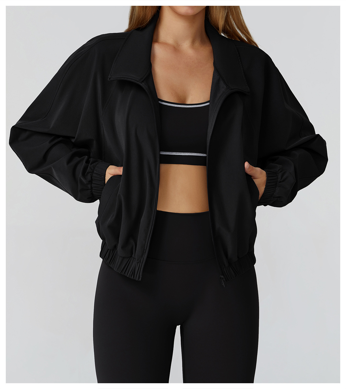 Chaqueta corta holgada para mujer, manga larga, cuello alto, cremallera, sudadera deportiva para yoga, gimnasio, entrenamiento, ropa informal FGBEWT2031