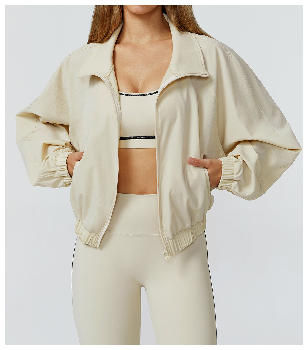 Chaqueta corta holgada para mujer, manga larga, cuello alto, cremallera, sudadera deportiva para yoga, gimnasio, entrenamiento, ropa informal FGBEWT2031