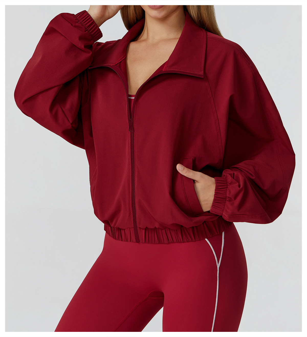 Chaqueta corta holgada para mujer, manga larga, cuello alto, cremallera, sudadera deportiva para yoga, gimnasio, entrenamiento, ropa informal FGBEWT2031