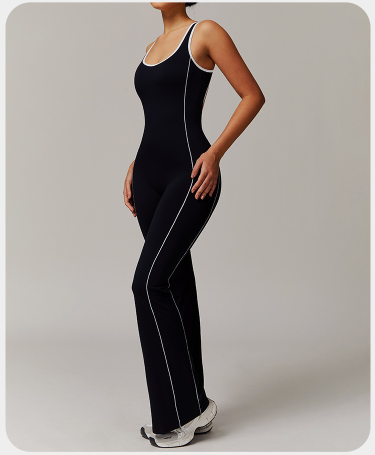 Traje de yoga ajustado al por mayor, mono de una pieza con dobladillo acampanado y control de abdomen para realce de glúteos, FGBDLT5009