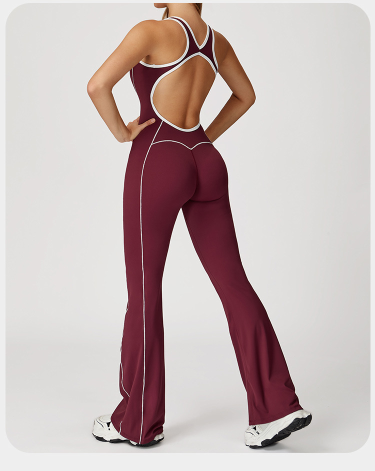 Traje de yoga ajustado al por mayor, mono de una pieza con dobladillo acampanado y control de abdomen para realce de glúteos, FGBDLT5009