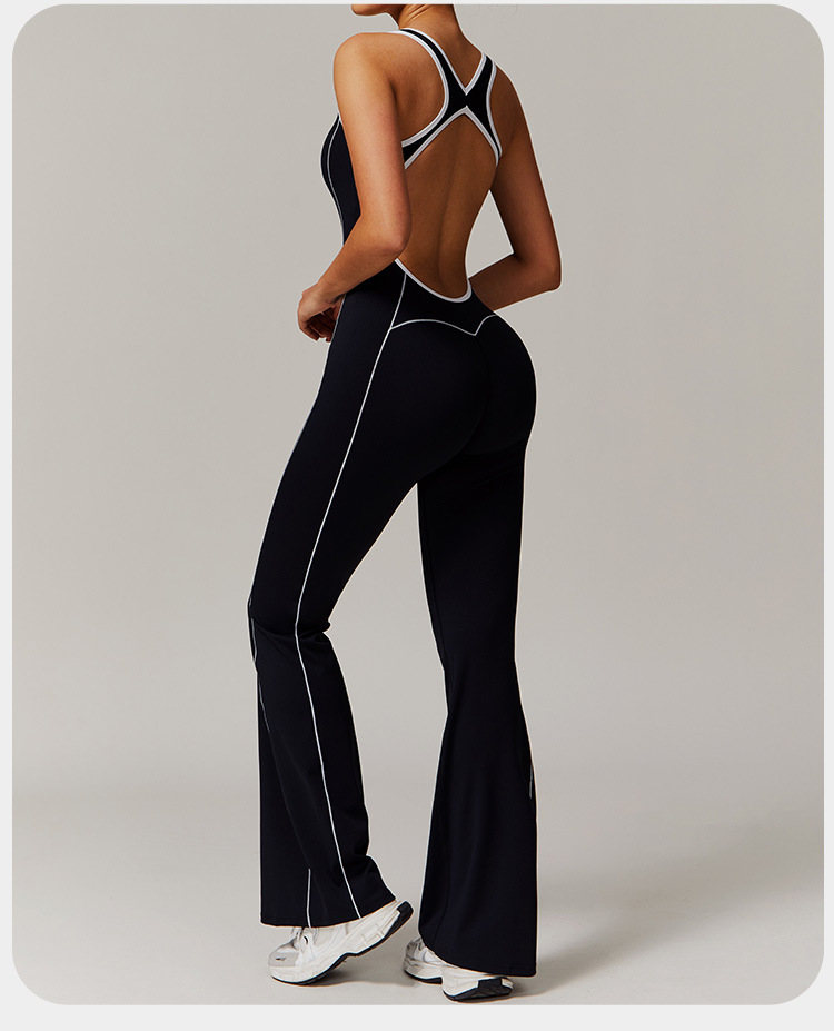Traje de yoga ajustado al por mayor, mono de una pieza con dobladillo acampanado y control de abdomen para realce de glúteos, FGBDLT5009