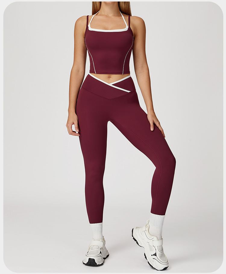Conjunto de 4 piezas para mujer con bloques de color, leggings de yoga acampanados con cintura cruzada en V, conjunto deportivo versátil y cómodo FGBTZ5009