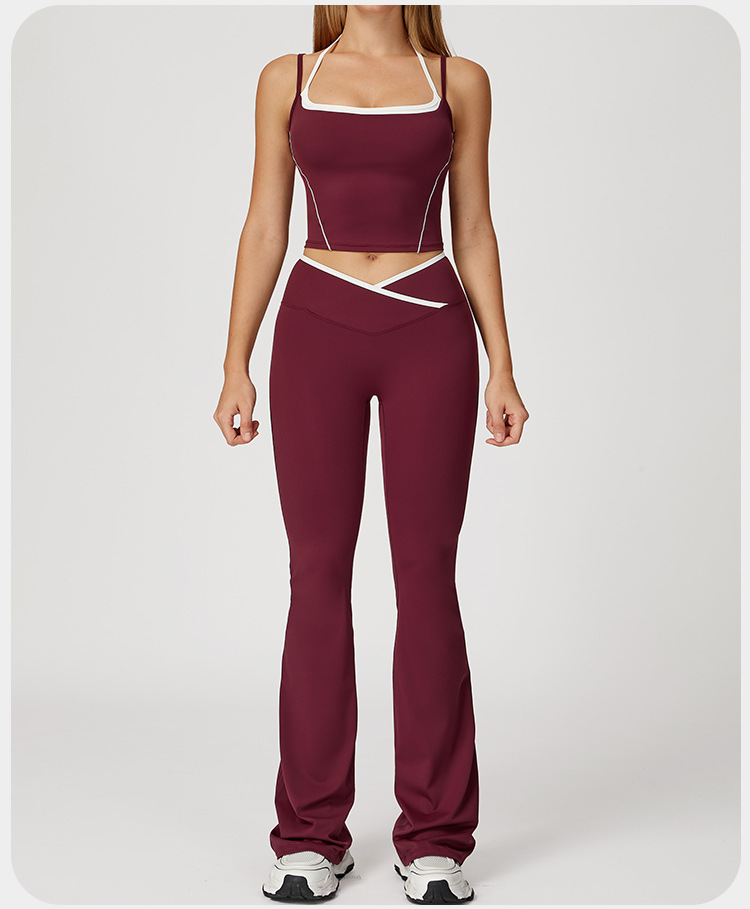 Conjunto de 4 piezas para mujer con bloques de color, leggings de yoga acampanados con cintura cruzada en V, conjunto deportivo versátil y cómodo FGBTZ5009