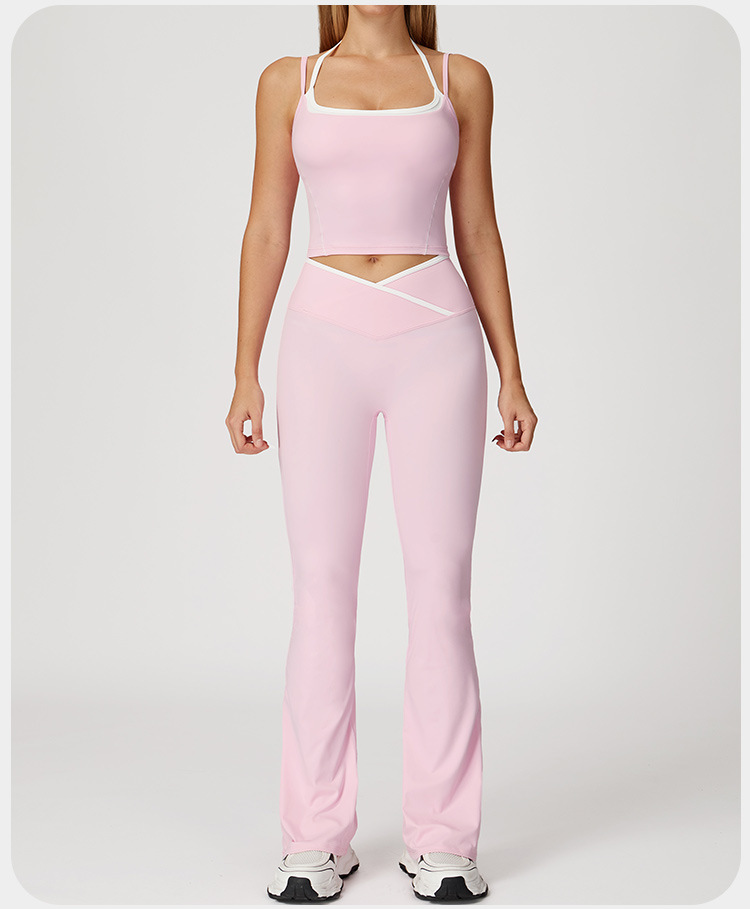 Conjunto de 4 piezas para mujer con bloques de color, leggings de yoga acampanados con cintura cruzada en V, conjunto deportivo versátil y cómodo FGBTZ5009
