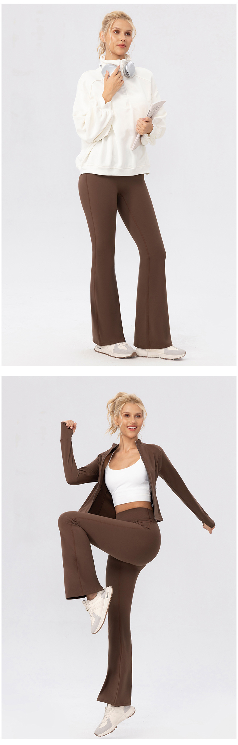 Pantalones deportivos de yoga para mujer, de polar cálido, suaves y acampanados, con cintura alta y ancha, FGB52325