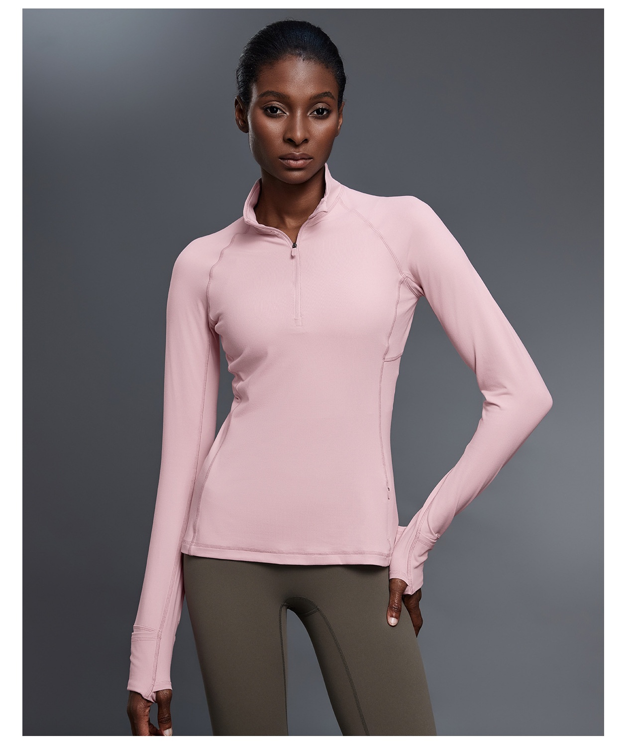 Camiseta de yoga de manga larga con media cremallera para mujer, top deportivo ajustado con aberturas para los pulgares FGBD25150