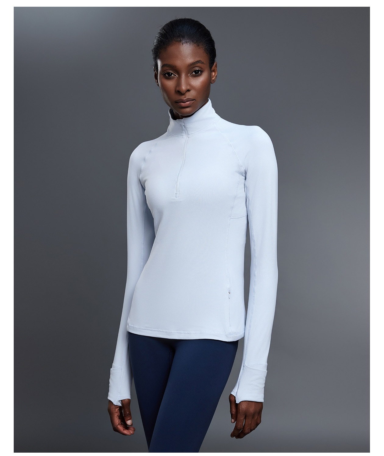 Camiseta de yoga de manga larga con media cremallera para mujer, top deportivo ajustado con aberturas para los pulgares FGBD25150
