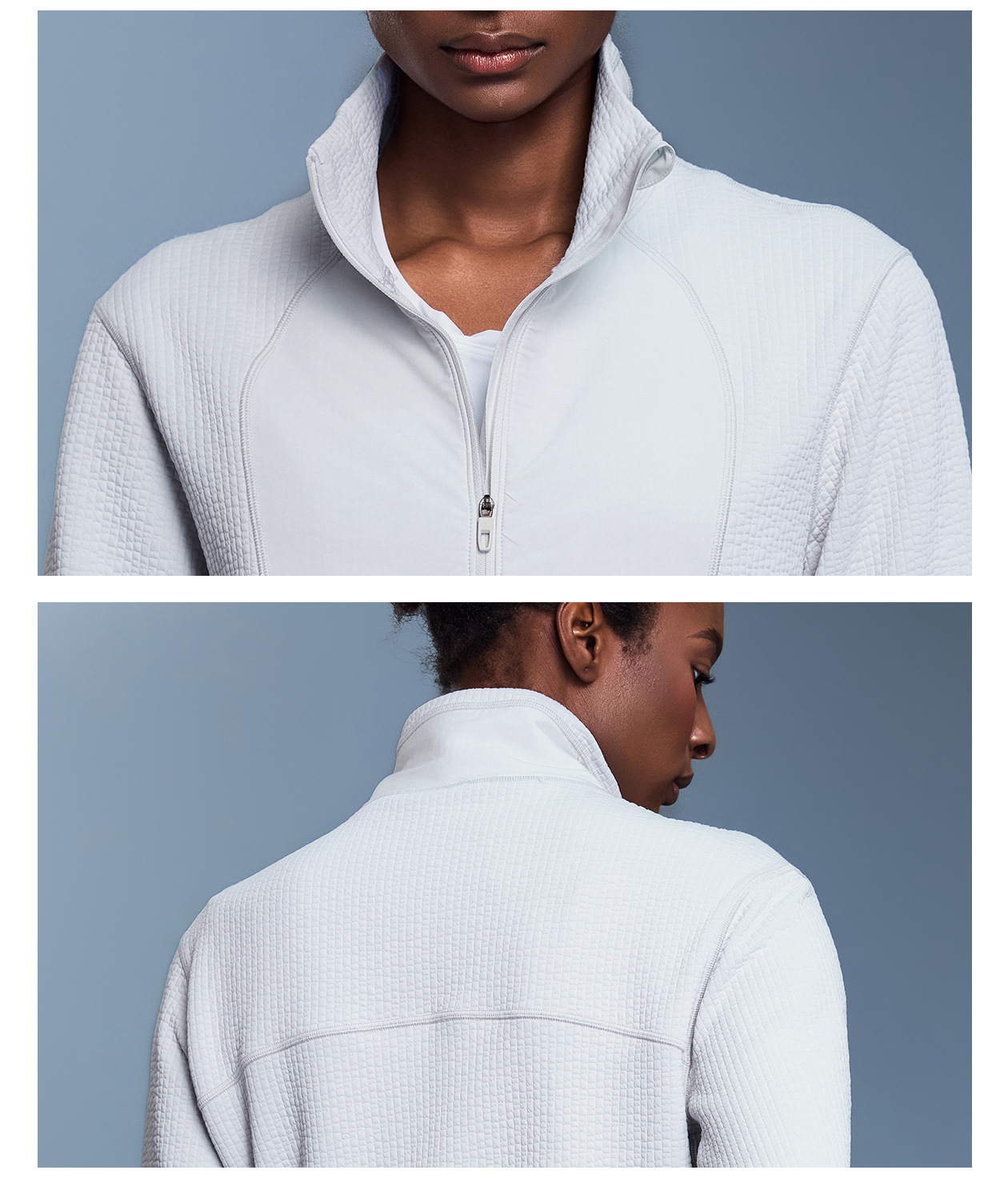 Chaqueta deportiva de mujer estilo casual, corte ajustado tipo waffle, cuello alto y cierre de cremallera (FGBD25164)