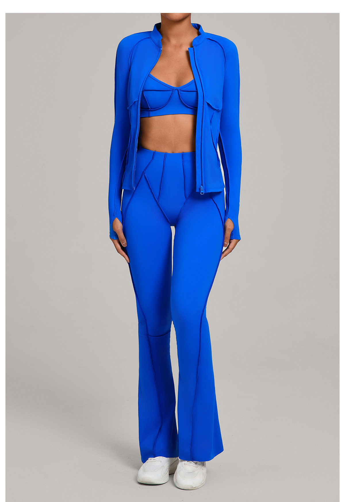 Conjunto deportivo de yoga y gimnasio de tres piezas para mujer: chaqueta con cremallera completa, sujetador deportivo, pantalón acampanado con efecto push-up para realzar los glúteos (FGB3321 86040 25098)