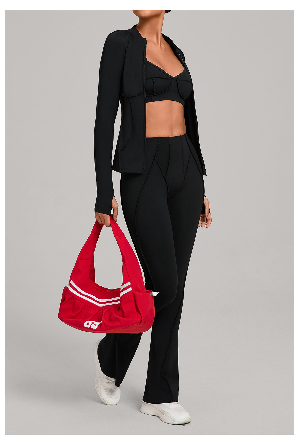 Conjunto deportivo de yoga y gimnasio de tres piezas para mujer: chaqueta con cremallera completa, sujetador deportivo, pantalón acampanado con efecto push-up para realzar los glúteos (FGB3321 86040 25098)