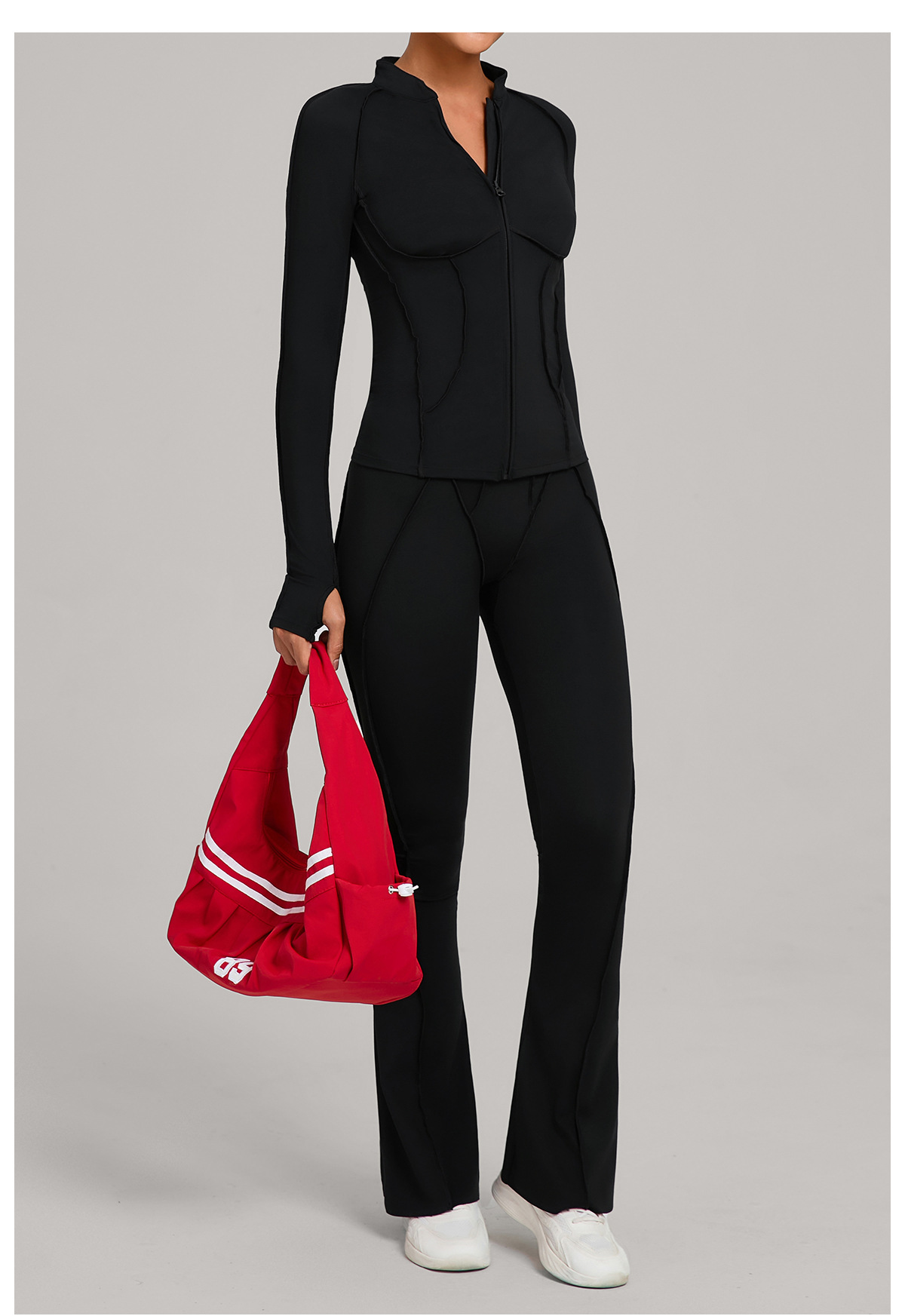 Conjunto deportivo de yoga y gimnasio de tres piezas para mujer: chaqueta con cremallera completa, sujetador deportivo, pantalón acampanado con efecto push-up para realzar los glúteos (FGB3321 86040 25098)