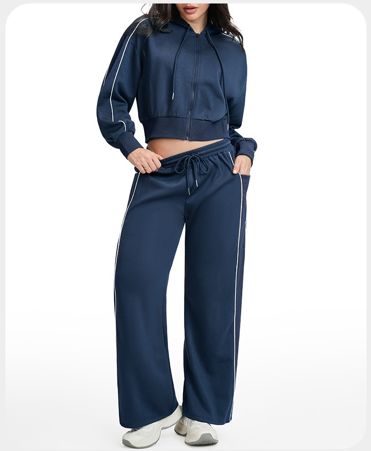 Conjunto de yoga para mujer: chaqueta con cremallera y cordón ajustable en el dobladillo y pantalones deportivos de cintura alta y pierna ancha FGBETZ5537