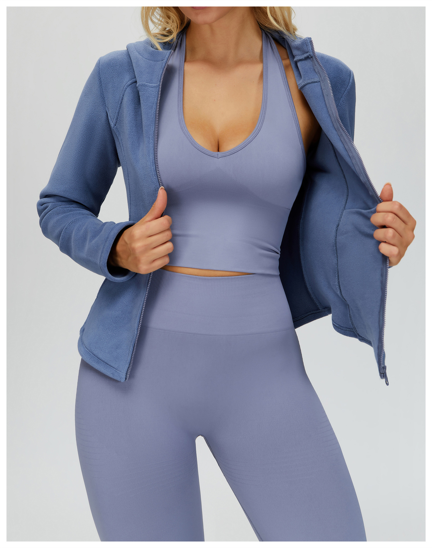 Chaqueta de yoga cálida de corte entallado con cremallera para mujer, de forro polar y bolsillo FGBEWT5076