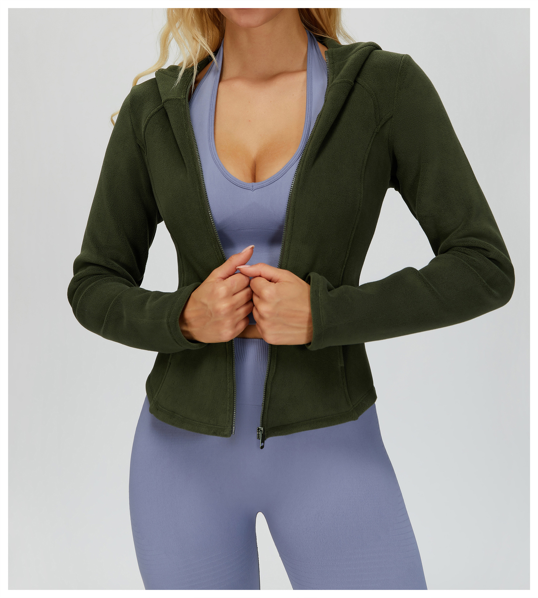 Chaqueta de yoga cálida de corte entallado con cremallera para mujer, de forro polar y bolsillo FGBEWT5076