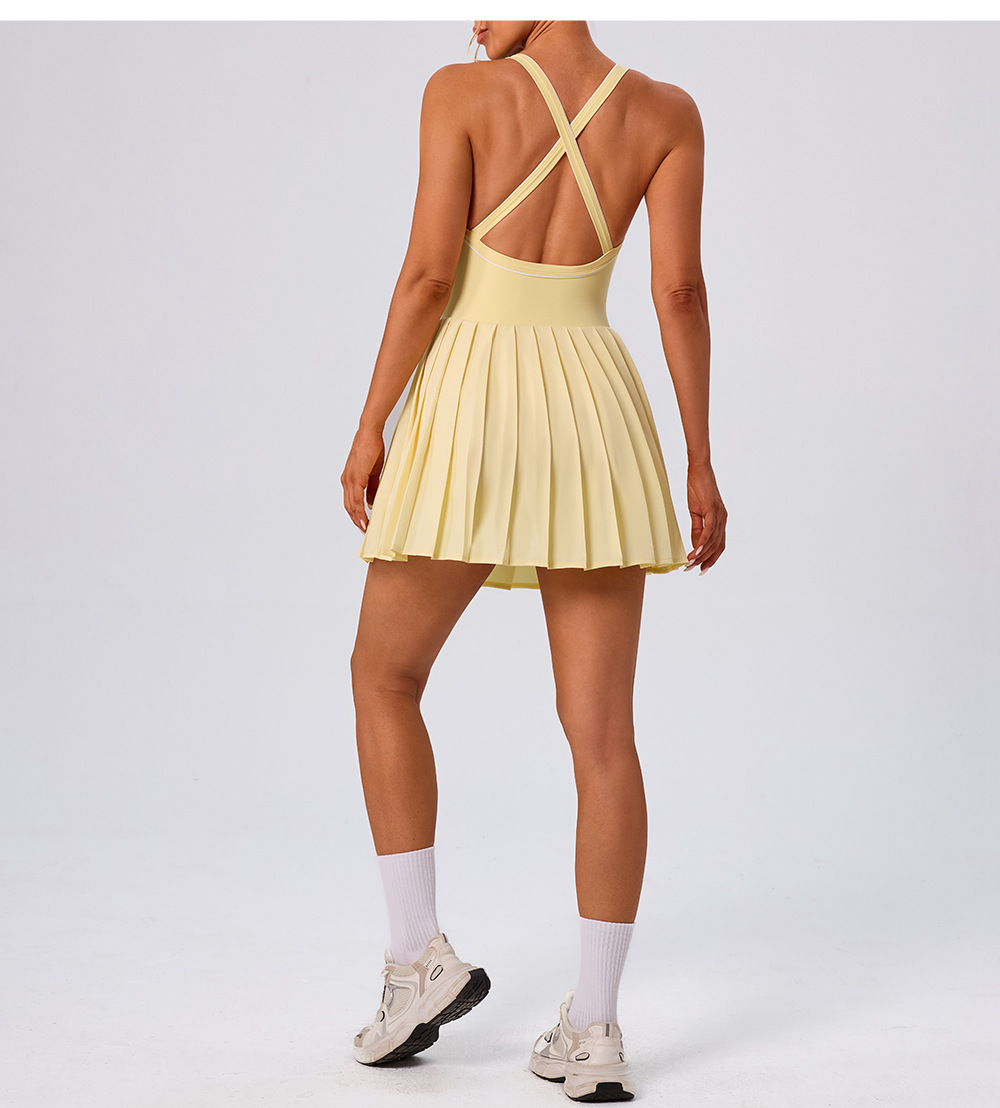 Falda de yoga de una pieza, plisada a juego, elástica, de secado rápido, antideslumbrante, para golf, tenis, cuello en V, FGBYW1023L