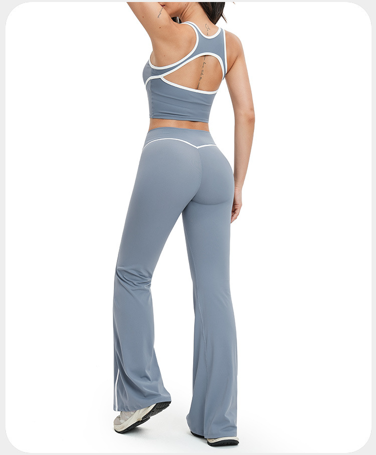 Conjunto deportivo de cuatro piezas para mujer: top corto con espalda descubierta, pantalones de chándal de pierna ancha acampanada. Ideal para gimnasio, fitness, entrenamiento y yoga. FGBTZ2101