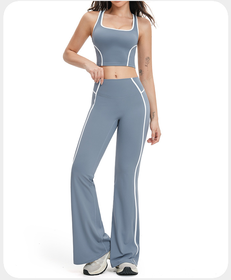 Conjunto deportivo de cuatro piezas para mujer: top corto con espalda descubierta, pantalones de chándal de pierna ancha acampanada. Ideal para gimnasio, fitness, entrenamiento y yoga. FGBTZ2101