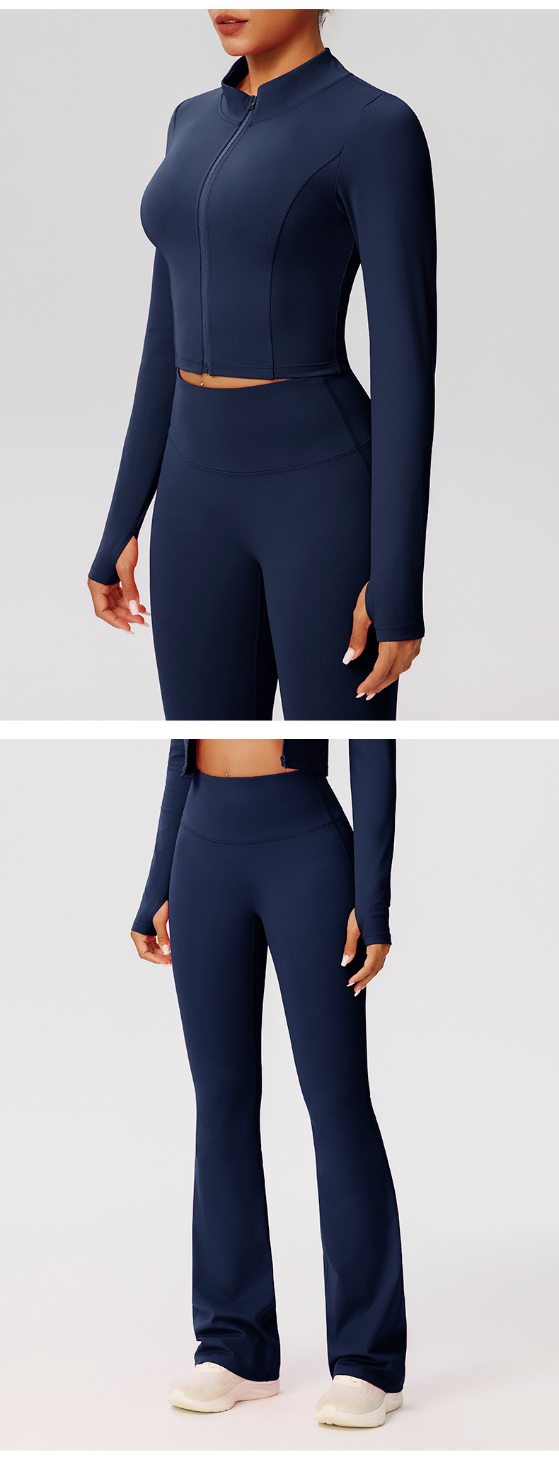 Conjunto de pantalones acampanados de yoga, chaqueta, cintura alta, cremallera frontal, manga larga, estampado liso, corto FGB52637 52338