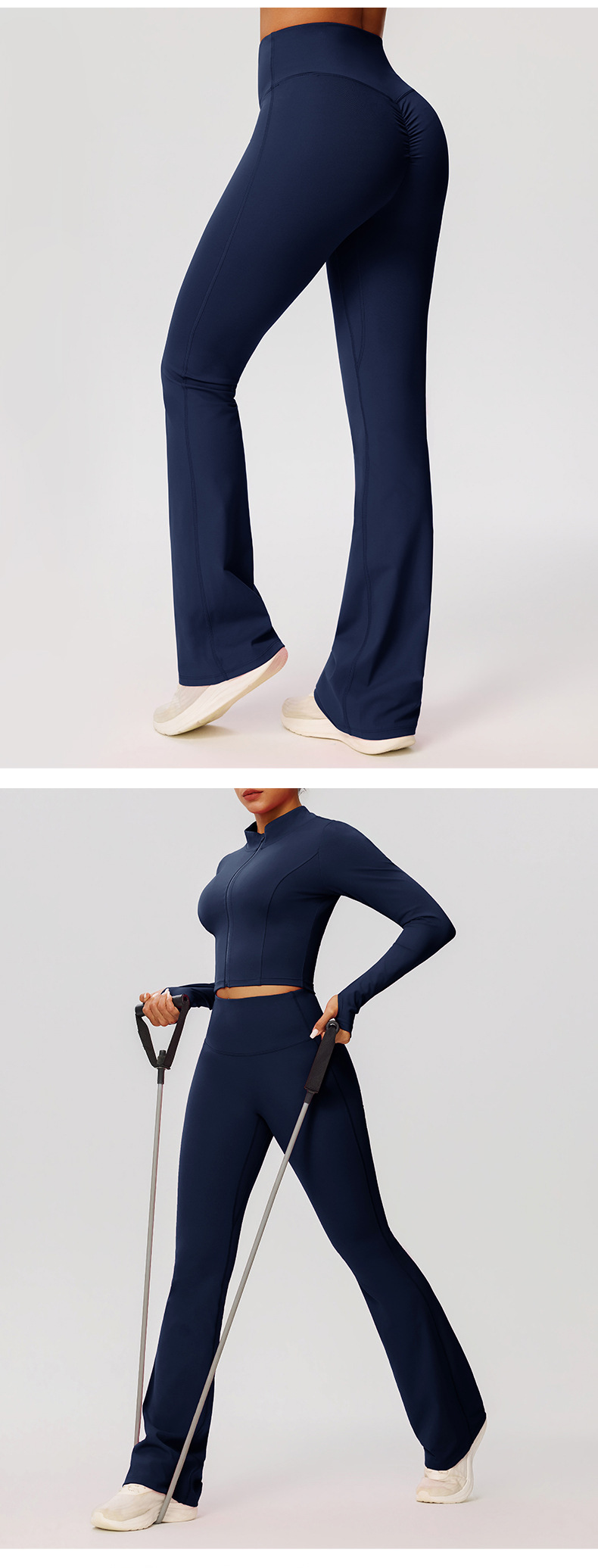 Conjunto de pantalones acampanados de yoga, chaqueta, cintura alta, cremallera frontal, manga larga, estampado liso, corto FGB52637 52338