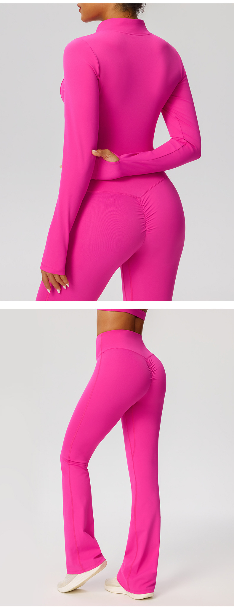 Conjunto de pantalones acampanados de yoga, chaqueta, cintura alta, cremallera frontal, manga larga, estampado liso, corto FGB52637 52338