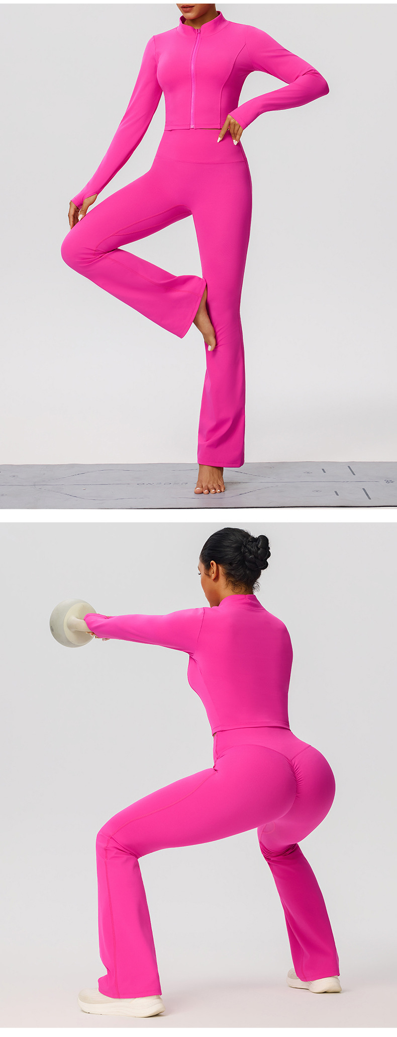 Conjunto de pantalones acampanados de yoga, chaqueta, cintura alta, cremallera frontal, manga larga, estampado liso, corto FGB52637 52338