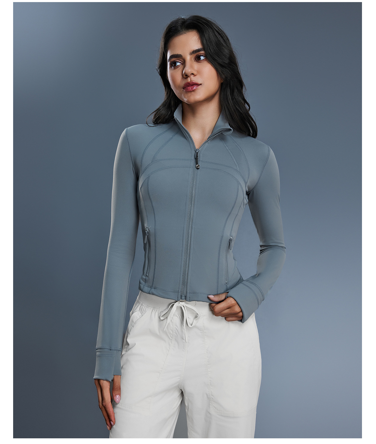 Chaqueta deportiva de manga larga para mujer, para deportes al aire libre, yoga, fitness, alta elasticidad, ajustada, con cuello alto y cremallera, para gimnasio y yoga, FGBDAW177