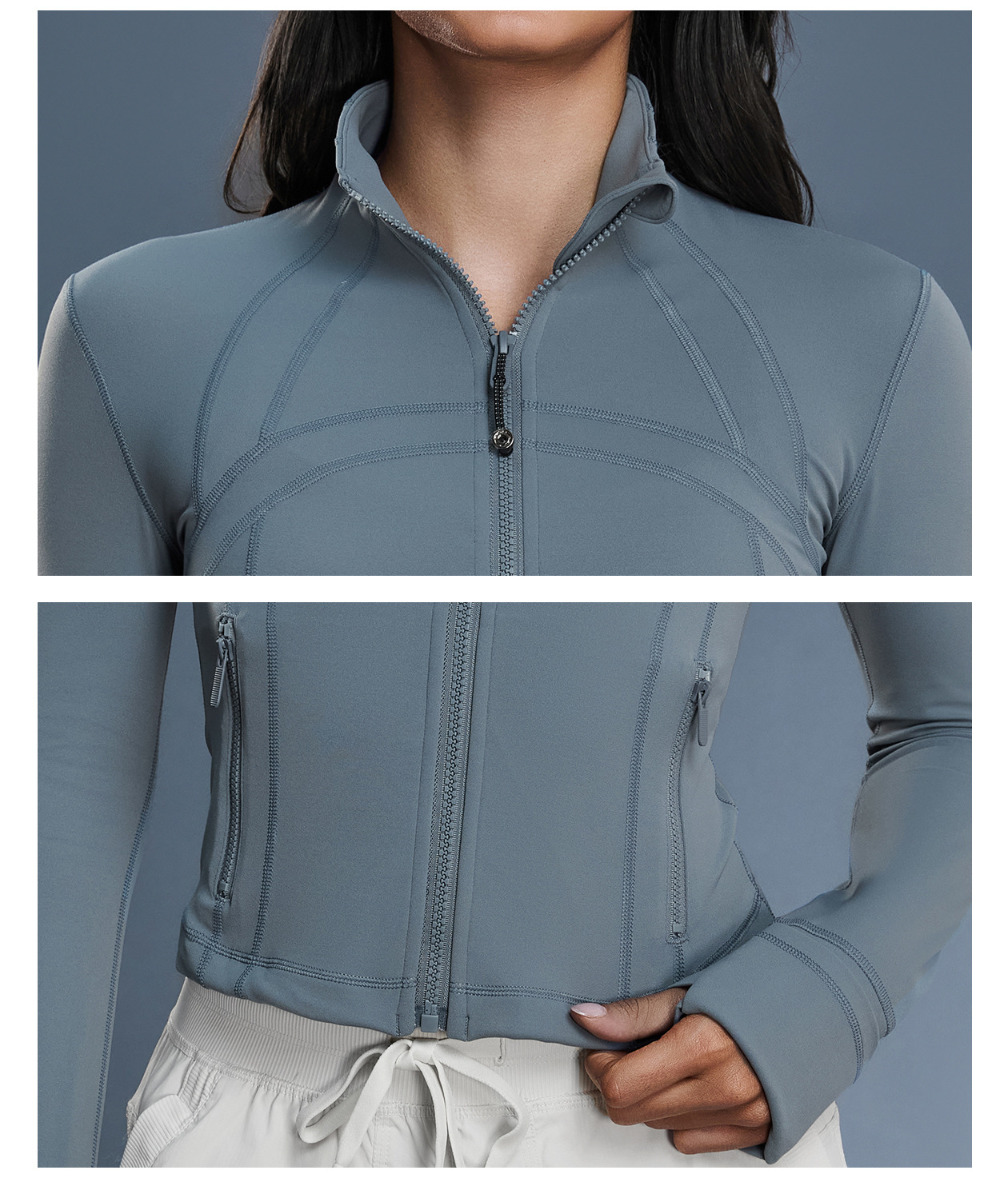 Chaqueta deportiva de manga larga para mujer, para deportes al aire libre, yoga, fitness, alta elasticidad, ajustada, con cuello alto y cremallera, para gimnasio y yoga, FGBDAW177