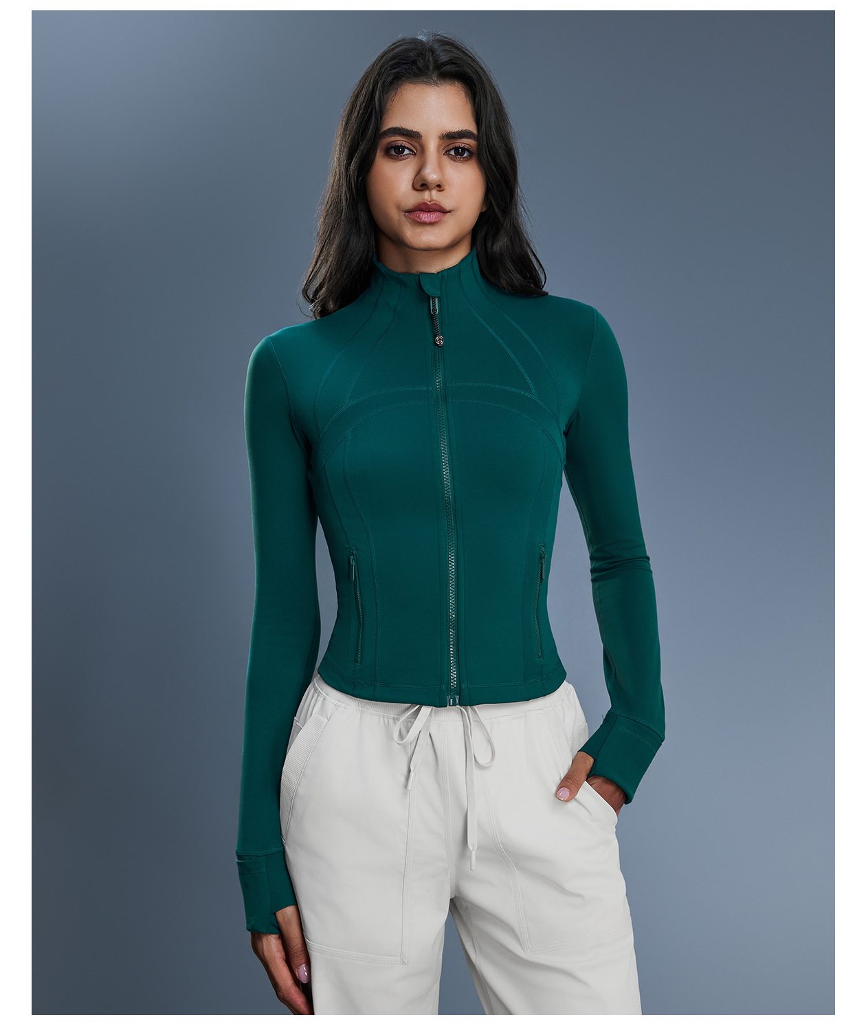 Chaqueta deportiva de manga larga para mujer, para deportes al aire libre, yoga, fitness, alta elasticidad, ajustada, con cuello alto y cremallera, para gimnasio y yoga, FGBDAW177