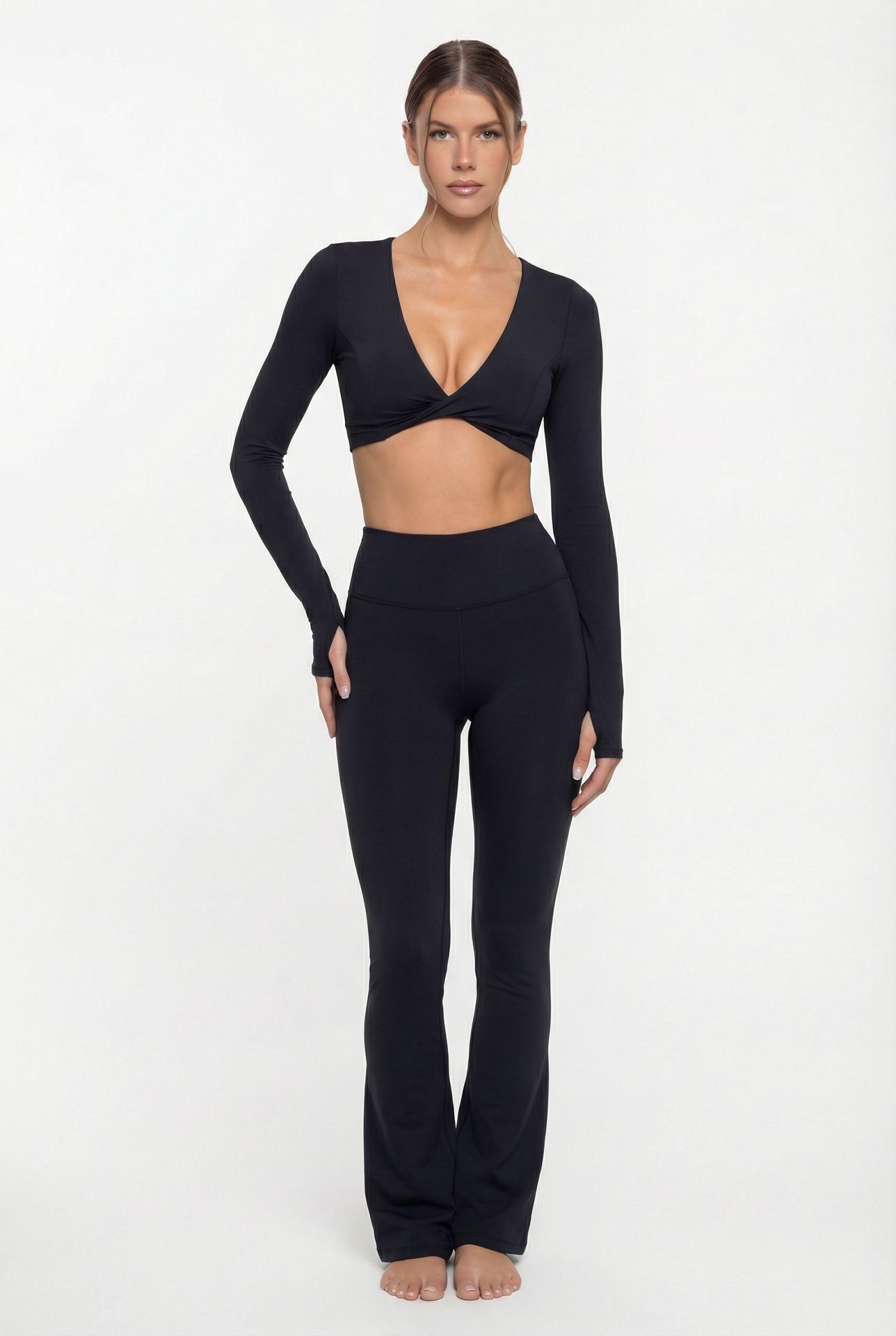 Conjunto de dos piezas de ropa deportiva de yoga, camisetas de manga larga y pantalones, chándales de gimnasio, pantalones de entrenamiento, sujetadores de yoga, ropa interior para mujer FGB8836