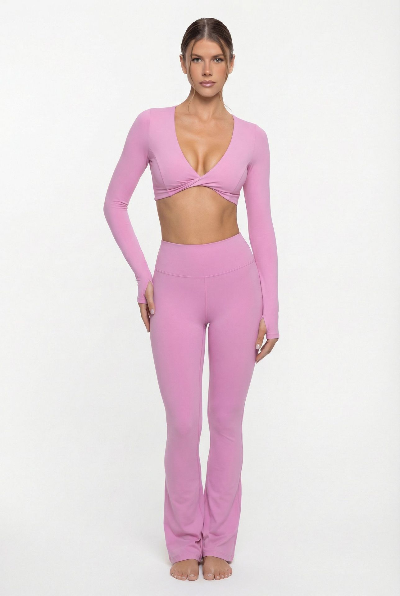 Conjunto de dos piezas de ropa deportiva de yoga, camisetas de manga larga y pantalones, chándales de gimnasio, pantalones de entrenamiento, sujetadores de yoga, ropa interior para mujer FGB8836