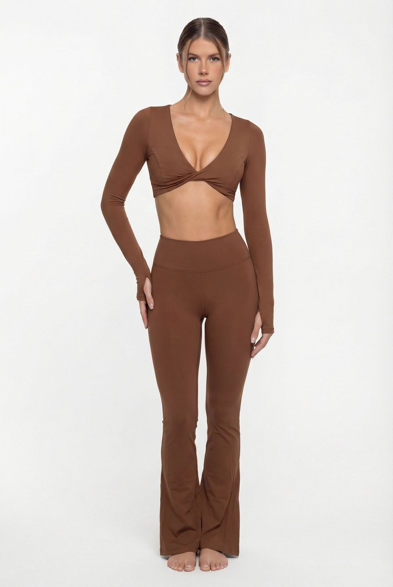 Conjunto de dos piezas de ropa deportiva de yoga, camisetas de manga larga y pantalones, chándales de gimnasio, pantalones de entrenamiento, sujetadores de yoga, ropa interior para mujer FGB8836