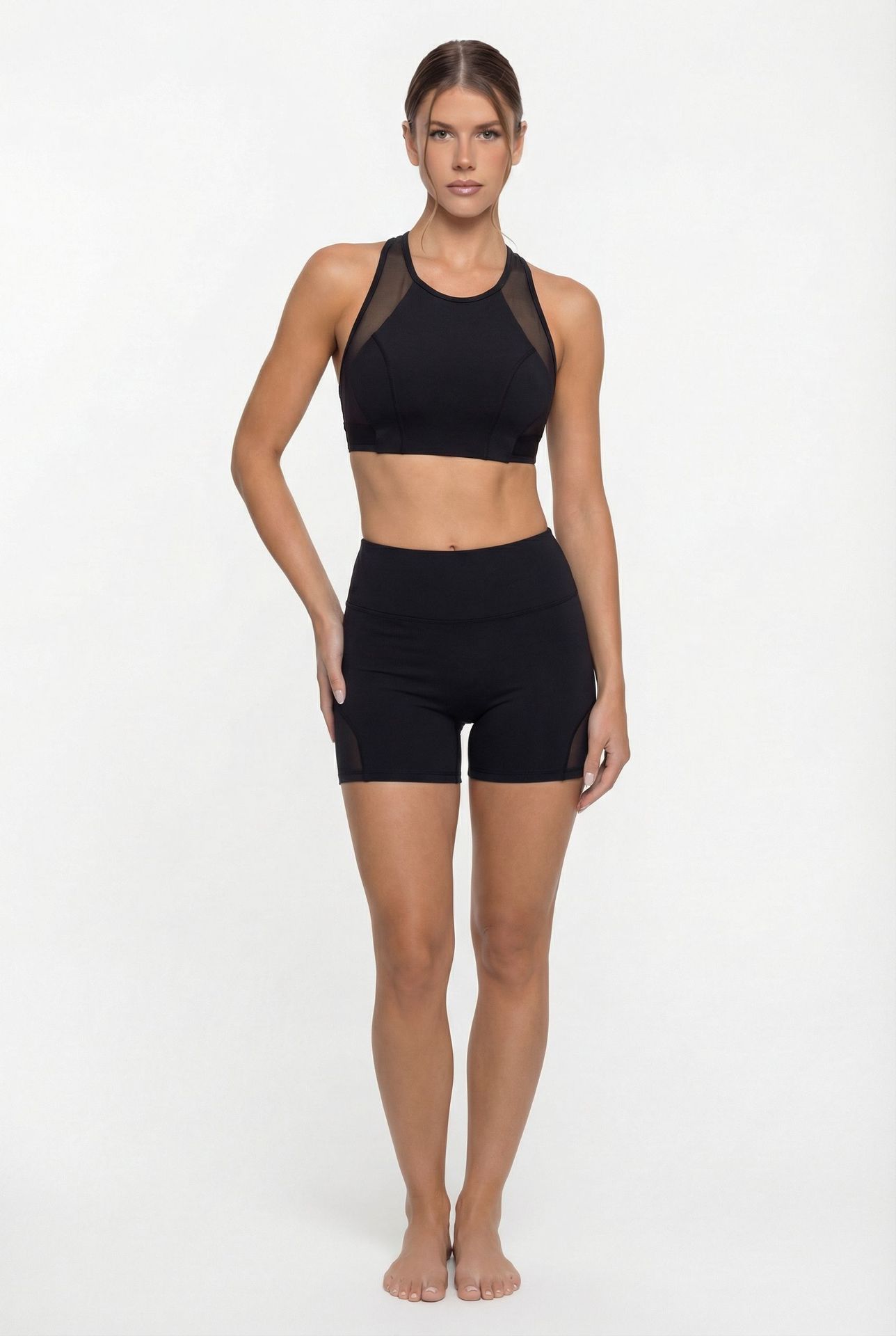 Conjuntos de sujetador deportivo de malla con leggings ajustados para levantar la cadera, pantalones deportivos de fitness y yoga para mujer FGB25126