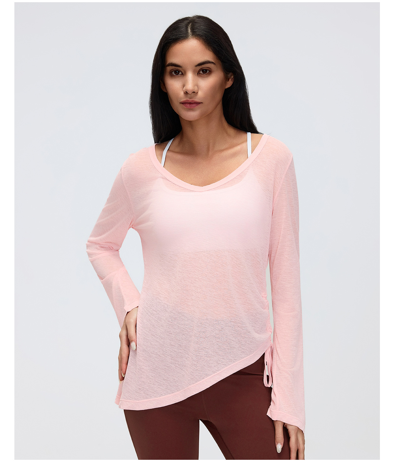 Nueva bata de yoga de manga larga que cubre los glúteos para mujer, plegable, con cordón ajustable, estilo casual y holgado, ideal para otoño y fitness (FGBD26100).