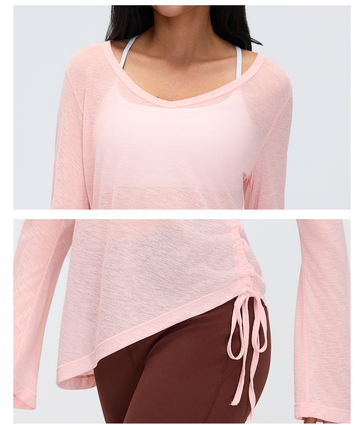 Nueva bata de yoga de manga larga que cubre los glúteos para mujer, plegable, con cordón ajustable, estilo casual y holgado, ideal para otoño y fitness (FGBD26100).