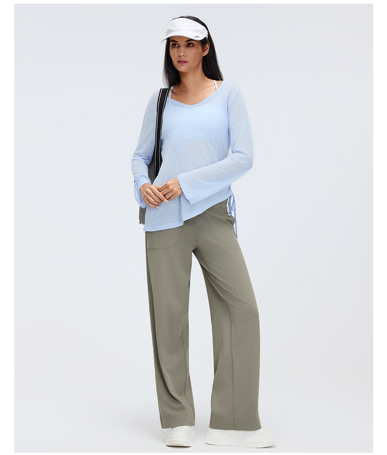 Nueva bata de yoga de manga larga que cubre los glúteos para mujer, plegable, con cordón ajustable, estilo casual y holgado, ideal para otoño y fitness (FGBD26100).